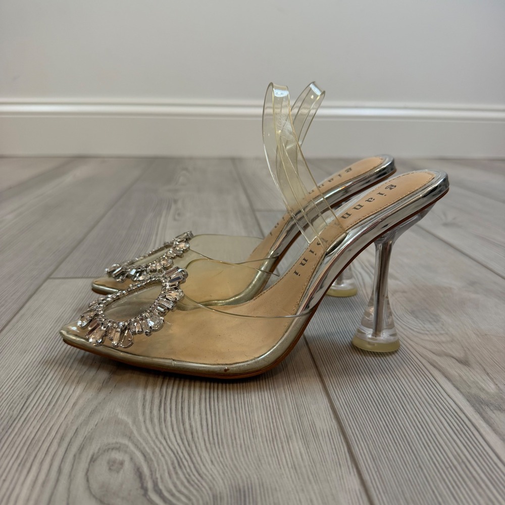 Gianni Bini Clear PVC Crystal Brooch Pointed Toe Slingback Heels Silver 5.5M